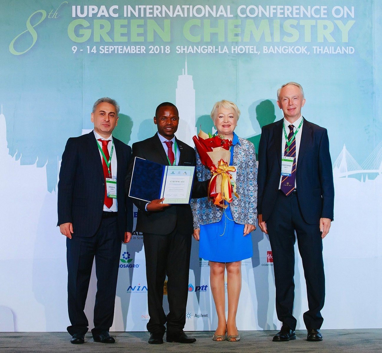 Gift Mehlana receiving the green chemistry research award, Thailand, Bangkok, 2018