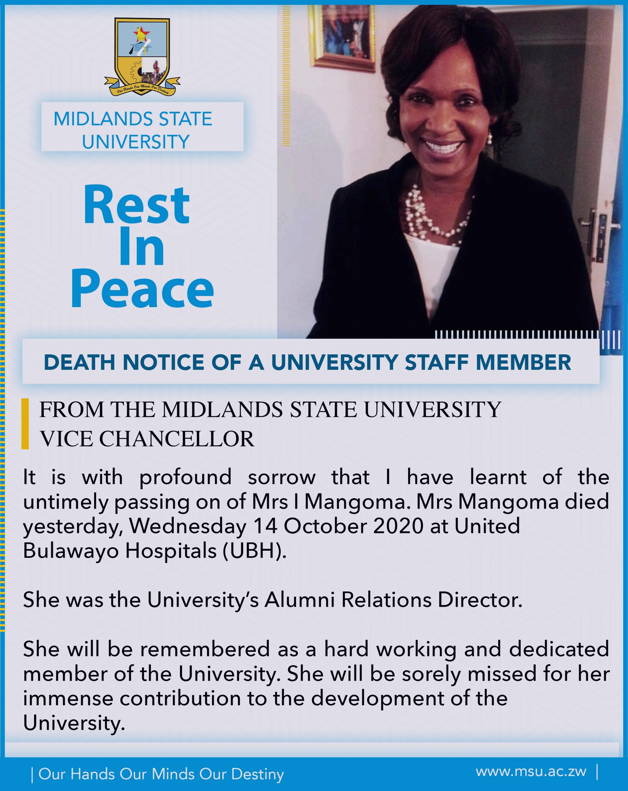 Death Notice Of A University Staff Member - Midlands State University