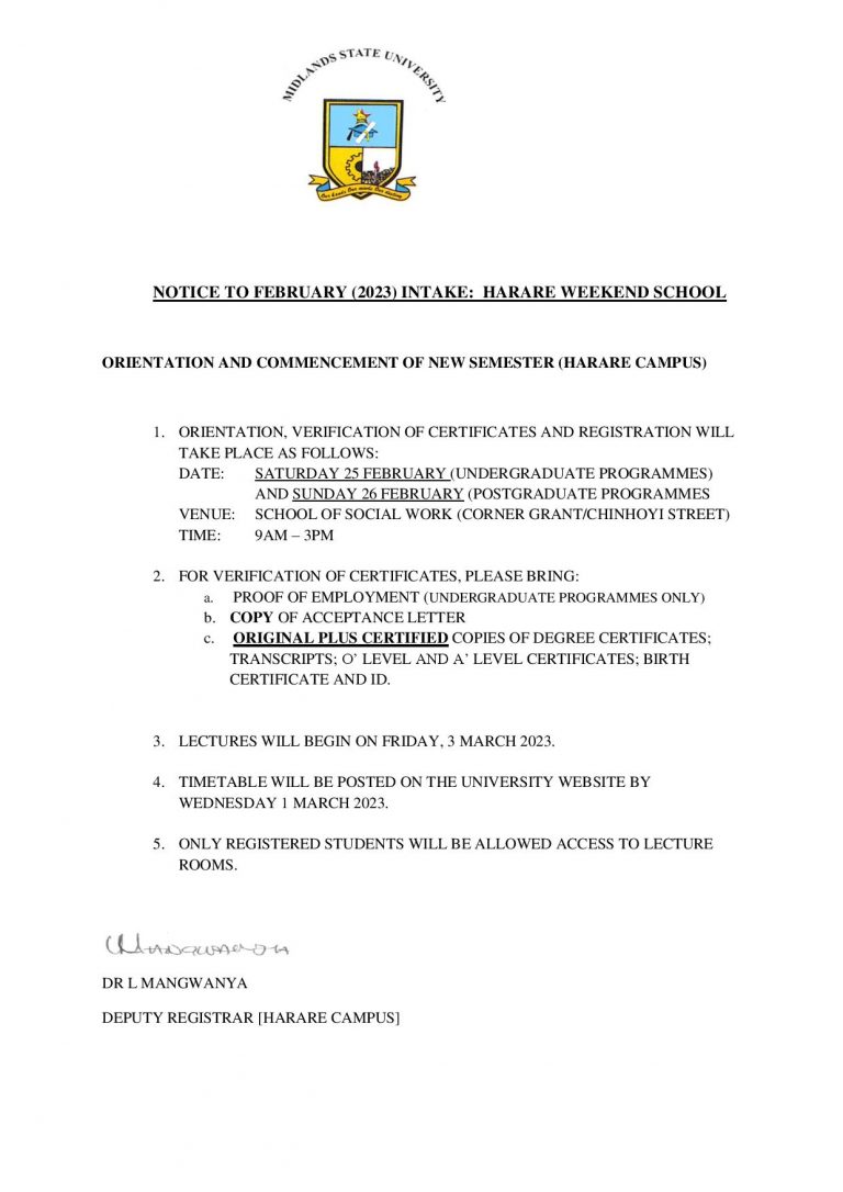 Orientation And Commencement Of New Semester (Harare Campus) - Midlands ...